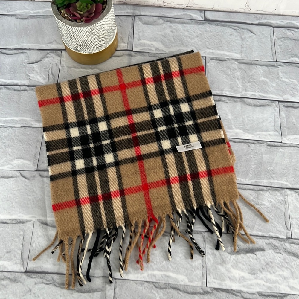 Camel Thomson Nova check plaid, wool fringe scarf